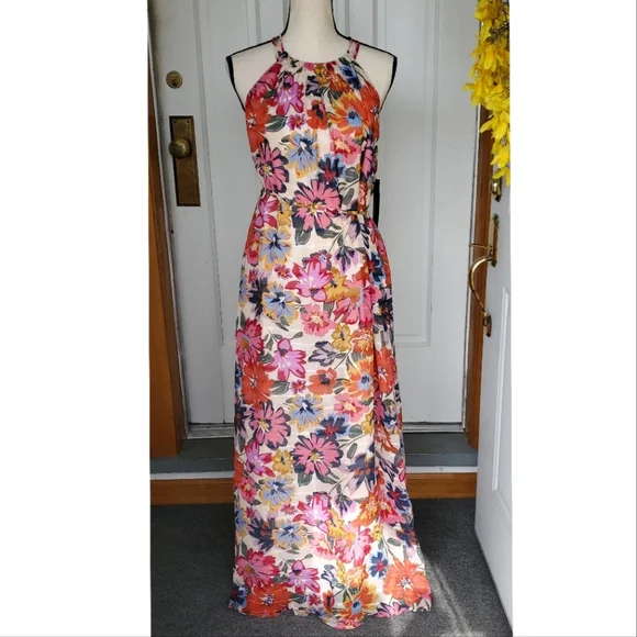 NWT Maggy London Floral Printed Halter Maxi Dress w/ Waist Tie, Size 8 - Picture 5 of 17
